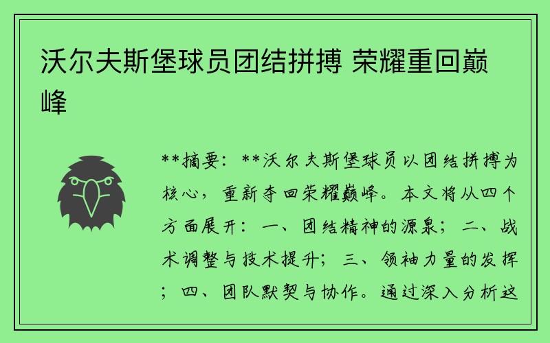 沃尔夫斯堡球员团结拼搏 荣耀重回巅峰