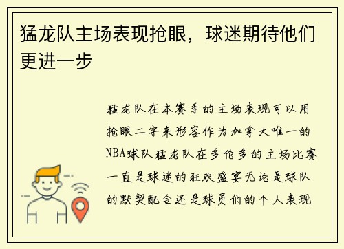 猛龙队主场表现抢眼，球迷期待他们更进一步
